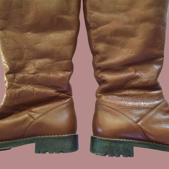 Michael Kors Tall Riding Boots Brown Leather US 8 Snap Buttons Faux Fur Lining - Picture 6 of 9